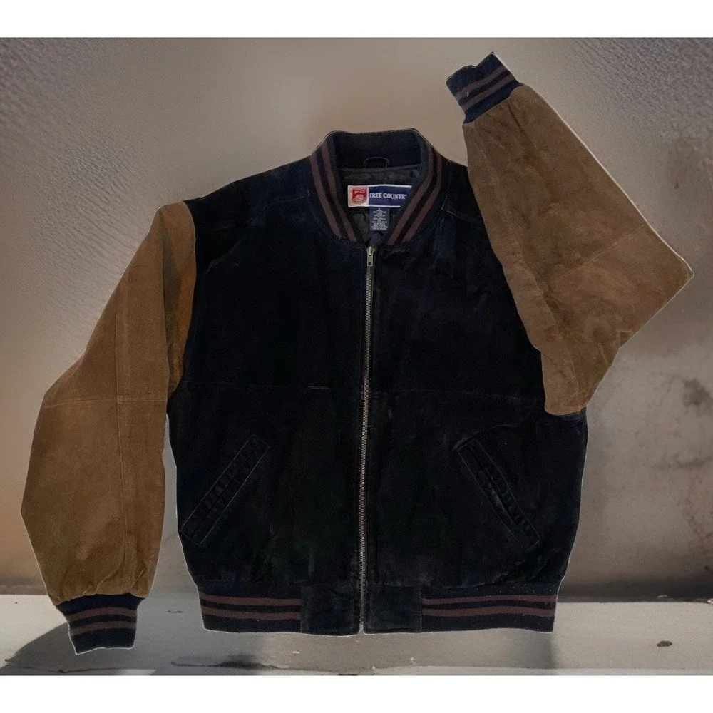 Vintage Free Country Bomber Jacket Mens Large Black Suede Brown Leather Varsity